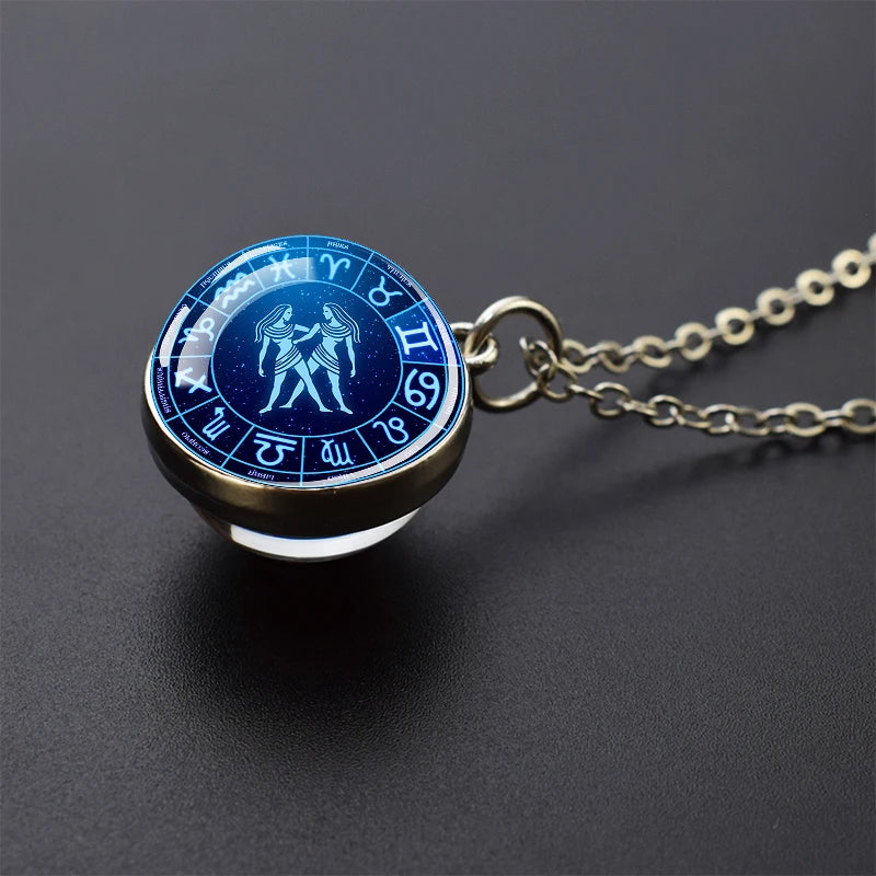 Pendentif boule de verre double face pour femme, signes du zodiaque, équiprésidence, 12 constellations, planète, bélier, lion, vierge, bijoux, cadeau
