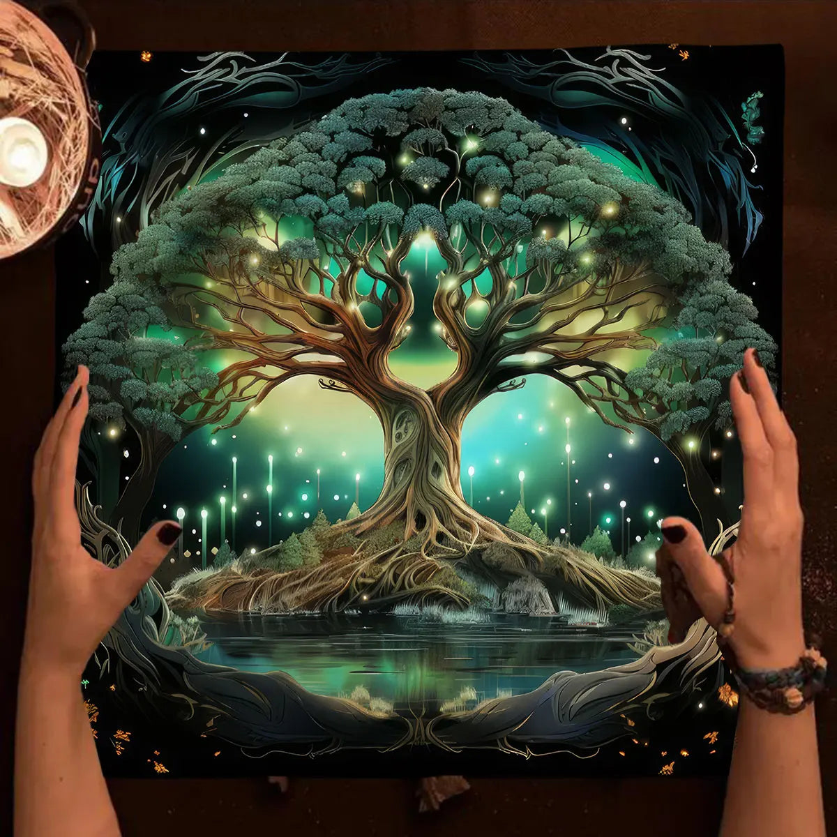 Nappe de carte de Tarot arbre de vie, nappe de plantes de Phase de lune pour Tarot de sorcière Wicca, tissu d'autel, tapis de carte de Divination