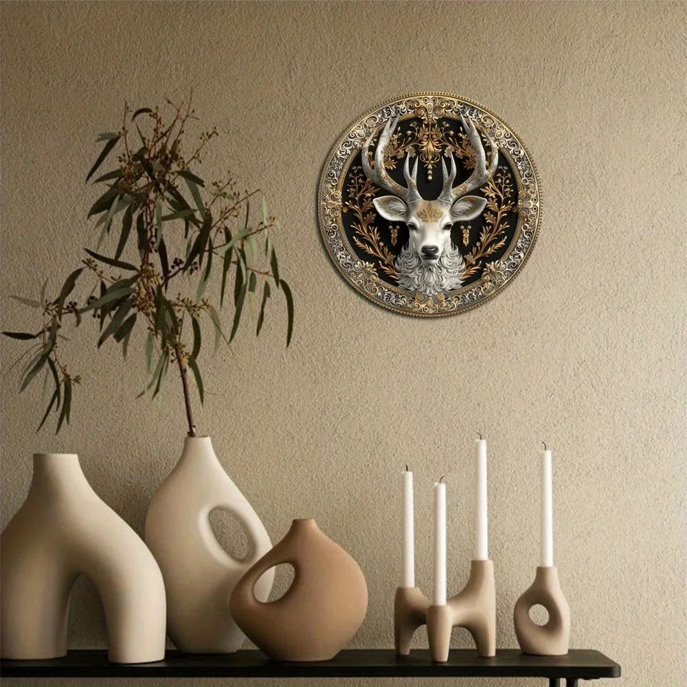Assiette décorative en métal avec motif tête de cerf, impression ronde et plate, cadeau décoratif pour la maison, le café et la décoration murale, JO