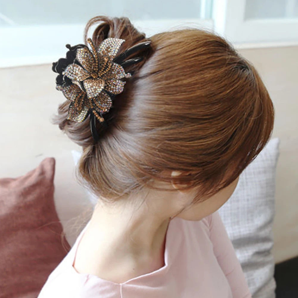 Pinces à cheveux à Double fleur, épingles à cheveux pour filles et femmes, Barrettes à strass, accessoires pour cheveux en forme de crabe, nouvelle collection
