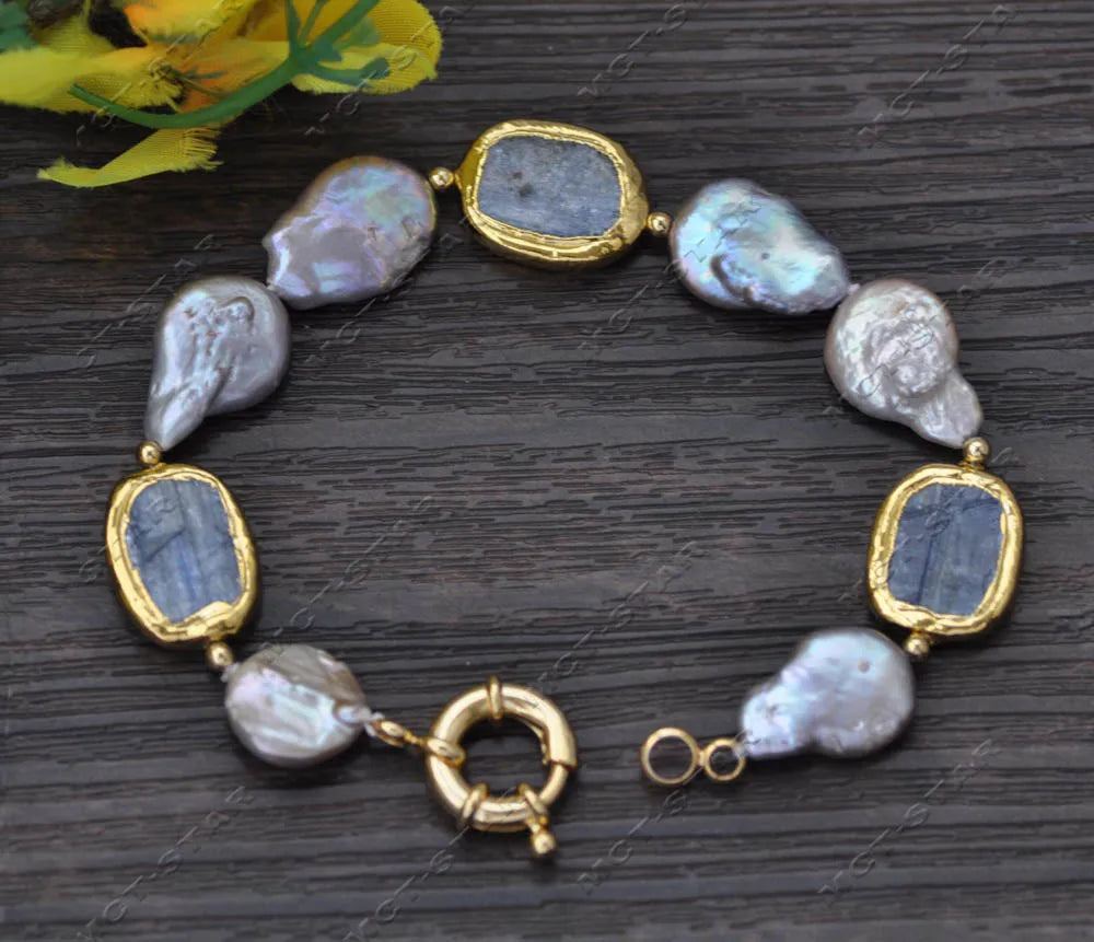 Ensemble de bijoux personnalisés, pièce de monnaie grise, perle, kyanites bleus, collier, bracelet, boucle d'oreille, Z13617, 19"