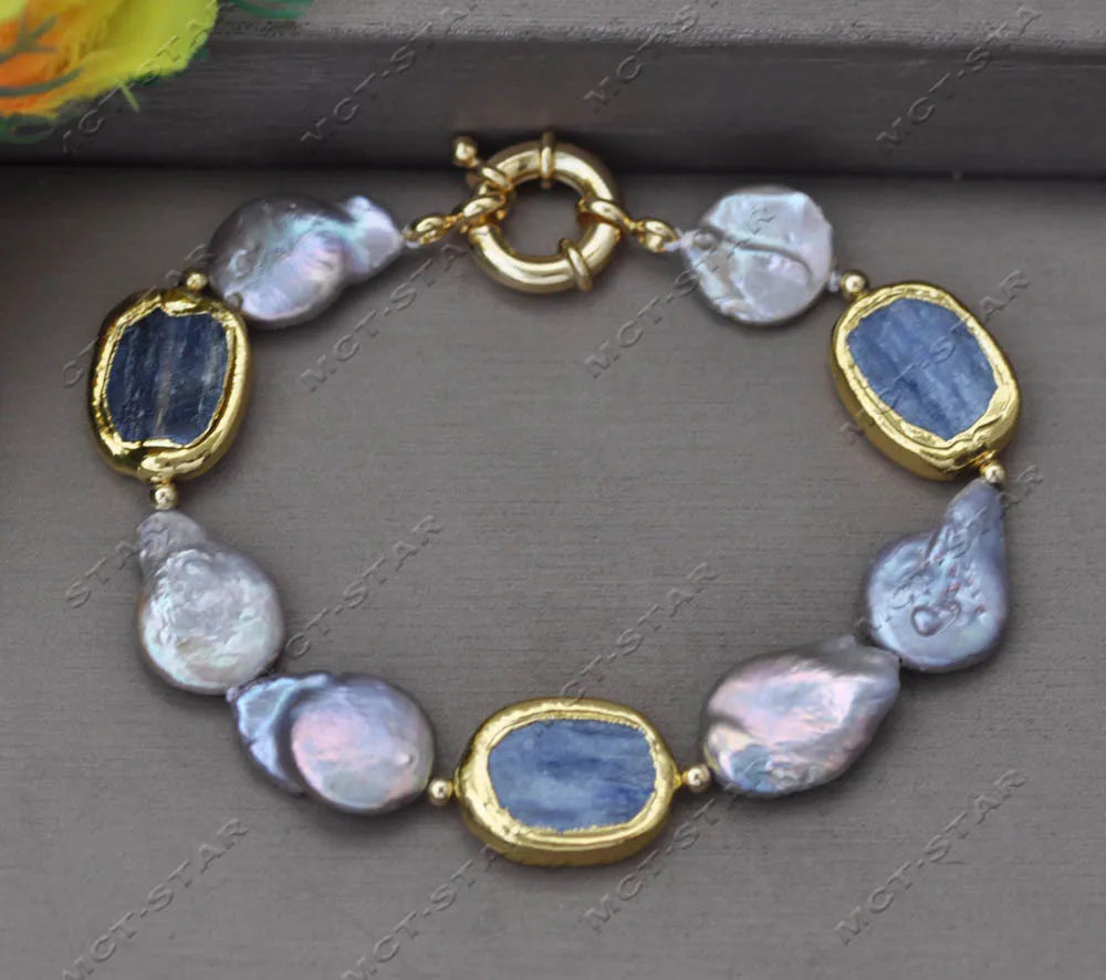 Ensemble de bijoux personnalisés, pièce de monnaie grise, perle, kyanites bleus, collier, bracelet, boucle d'oreille, Z13617, 19"