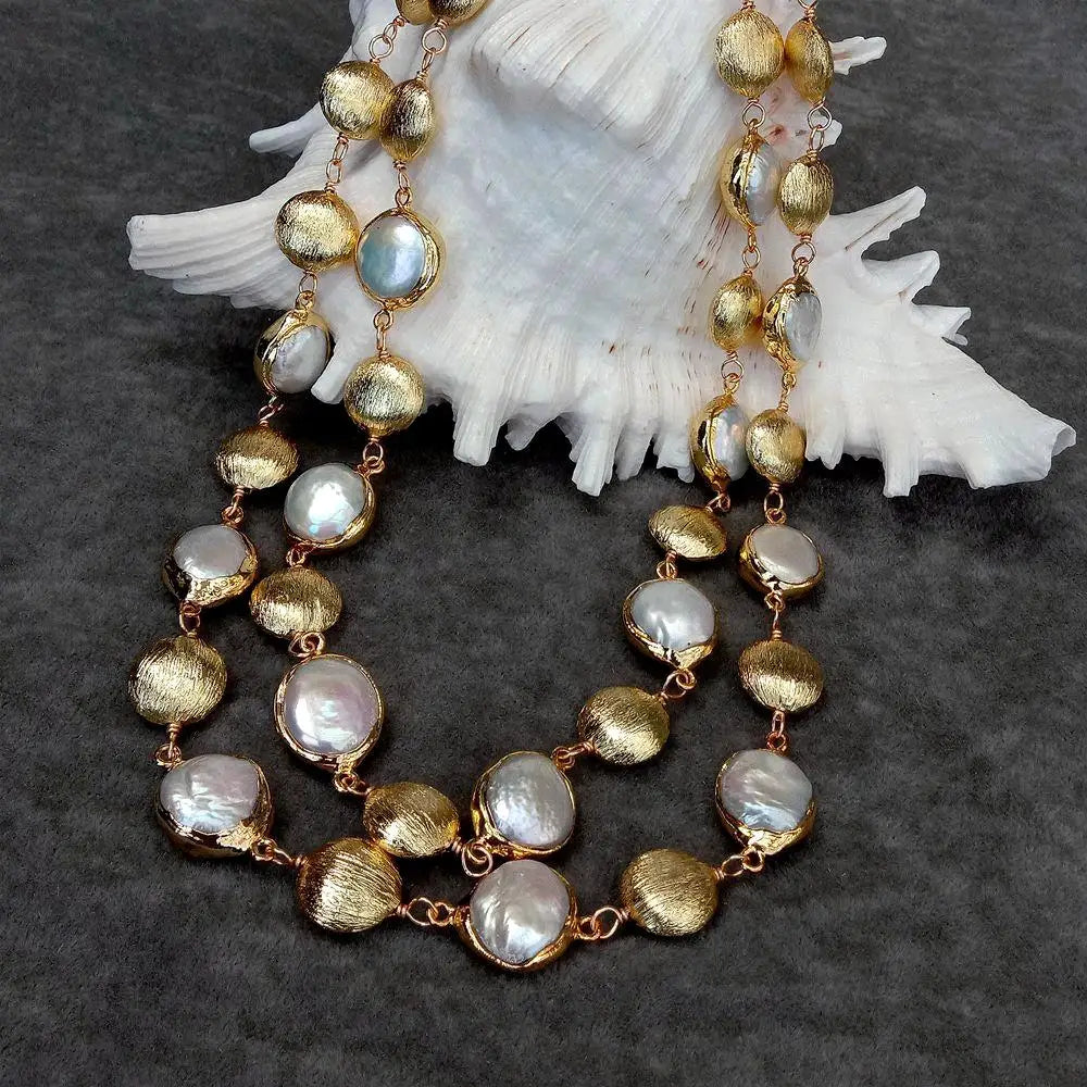YYGEM-Collier de perles de culture d'eau douce pour femme, perle de pièce de monnaie blanche, bijoux multibrins brossés, style luxueux, 17mm, 15mm