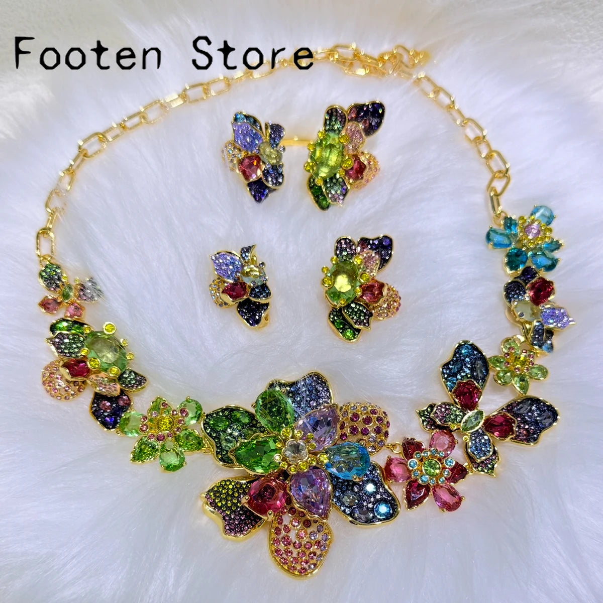 Ensemble de bijoux de fête pour femmes, haute qualité, nouvelle tendance, breloque, fleur colorée, papillon, cristal, collier, boucle d'oreille, bague, cadeau pour femmes, 2025