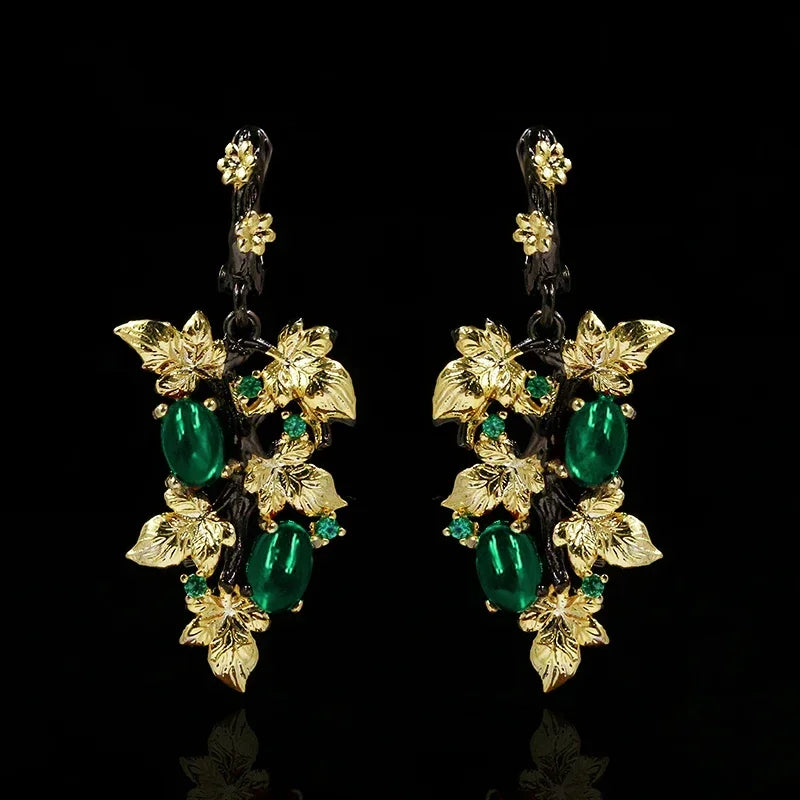 Nouveau élégant noir or rubis pendentif fleur feuille 925 boucles d'oreilles en argent cristal pierres précieuses dames bijoux boucles d'oreilles argent 925 bijoux
