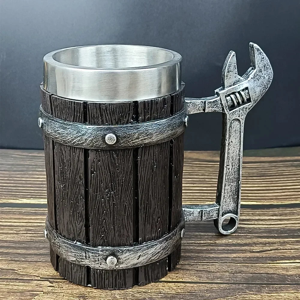 Tasse à café viking vintage avec doublure en acier inoxydable, grande capacité, baril de chêne, chope à bière, tasse à thé, pub, bar, cadeau de fête