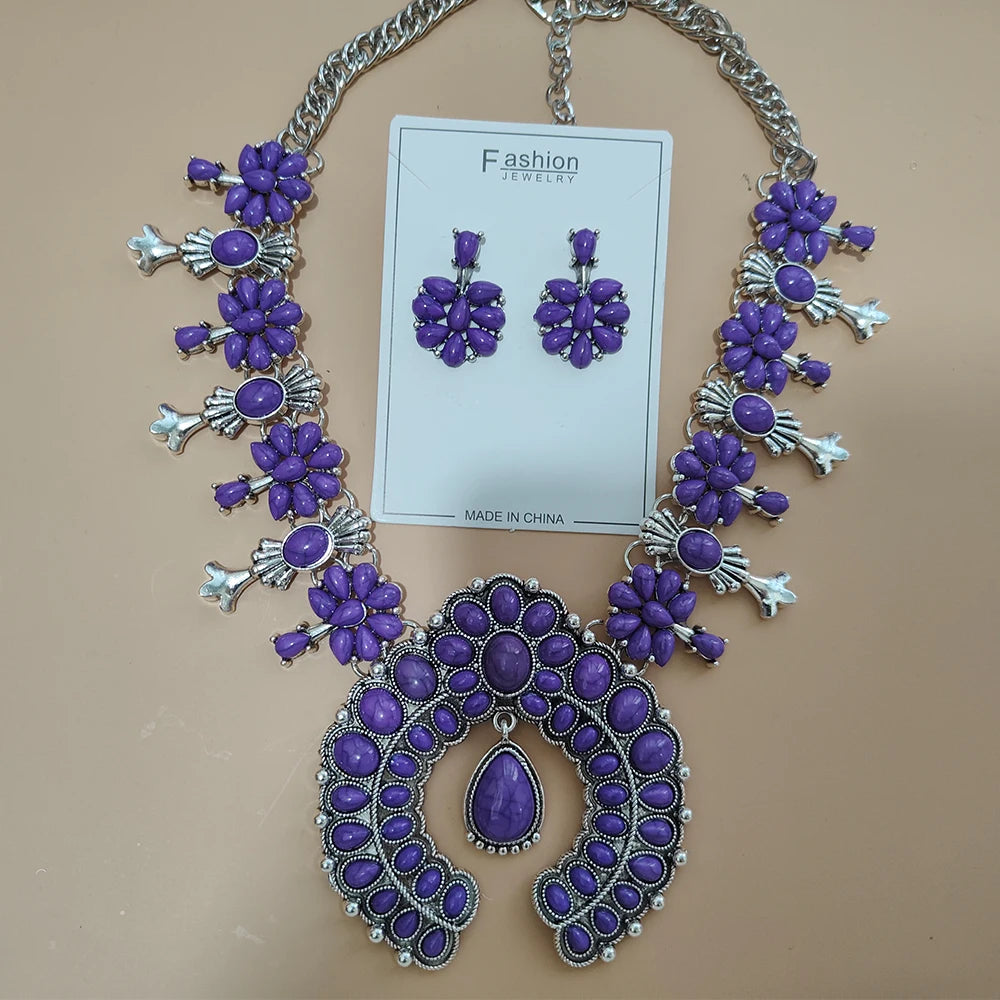 Navajo – ensemble de bijoux indiens pour femmes, boucles d'oreilles en résine de pierre Turquoise rouge et collier de fleurs de courge occidentales pour femmes