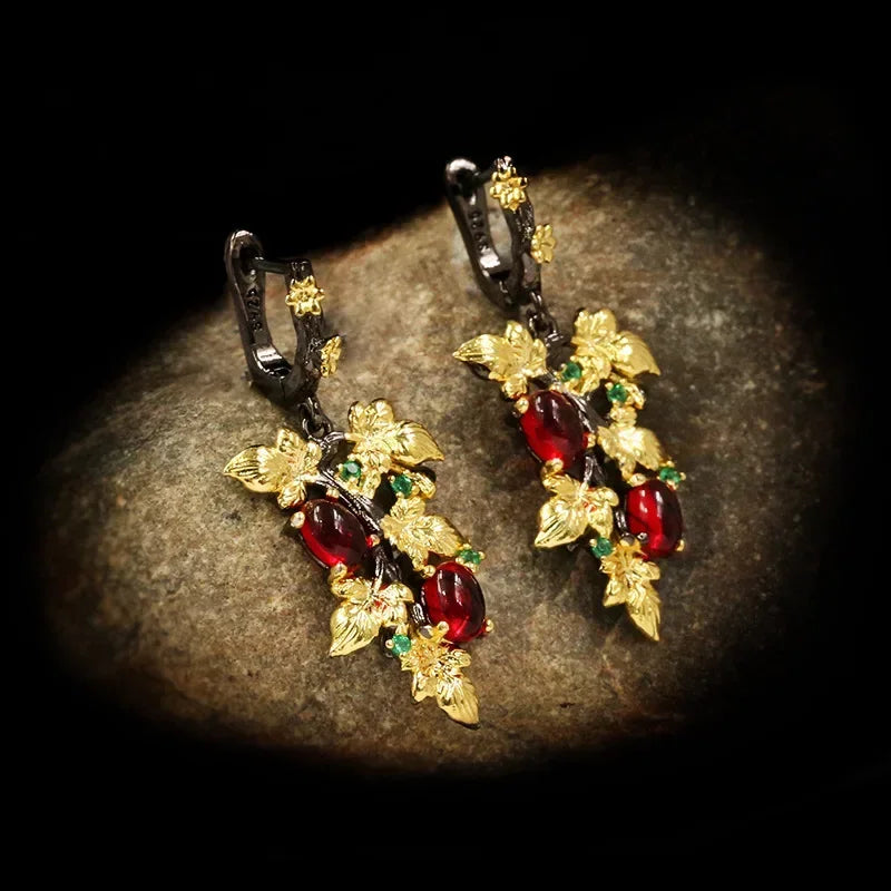 Nouveau élégant noir or rubis pendentif fleur feuille 925 boucles d'oreilles en argent cristal pierres précieuses dames bijoux boucles d'oreilles argent 925 bijoux