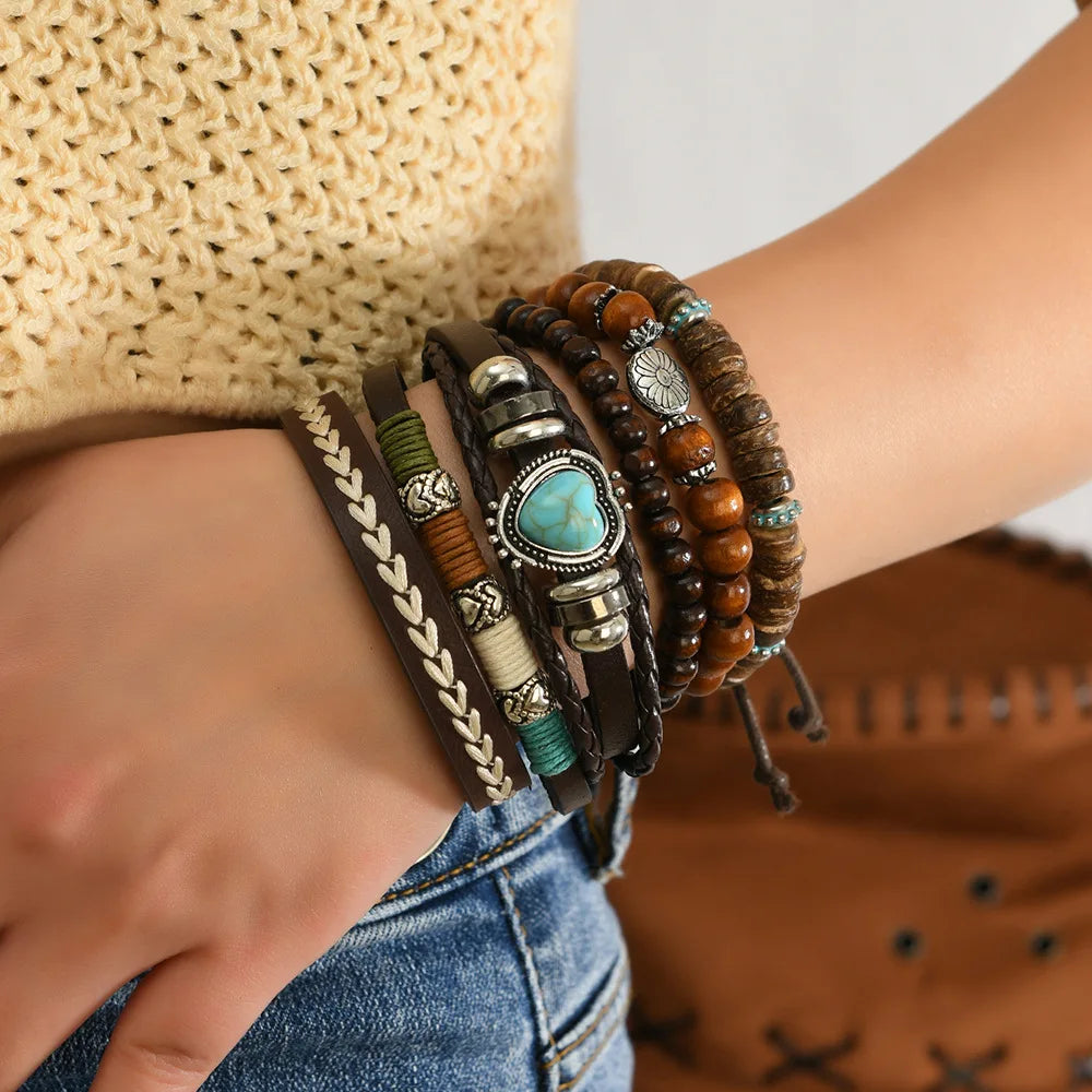 Chapeau de pays occidental tête d'animal feuille plume femmes Bracelets porte-bonheur femmes Bracelets en cuir hommes bracelet en gros bijoux cadeau