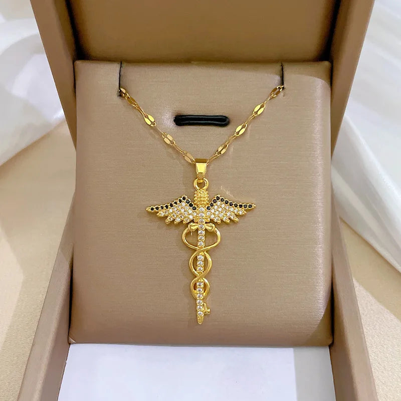 Collier ailes d'angle en acier inoxydable CZ, serpent Ouroboros, baguette magique, caducée, Asclepius, colliers, médicaux d'urgence, bijoux