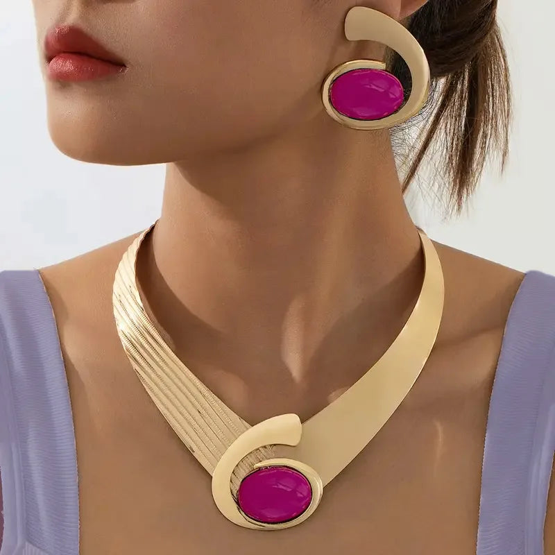Ensemble de collier et boucles d'oreilles en acrylique pour femmes, Design rétro, bijoux à la mode exagérés, fête de vacances OL ES016