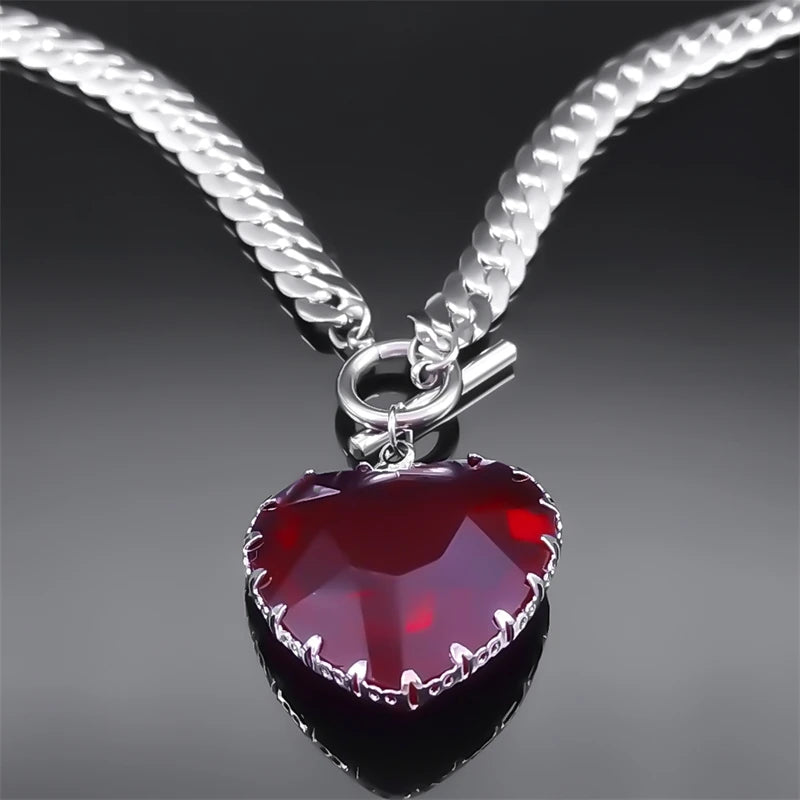 Collier ras du cou gothique punk en acier inoxydable avec pendentif cœur rouge en verre pour femmes