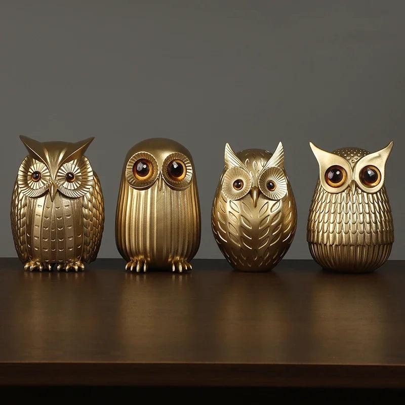 Statue de hibou en résine, Figurines de hibou doré mignon, décoration nordique pour la maison, Sculpture animale, artisanat intérieur de salon, ornements de bureau