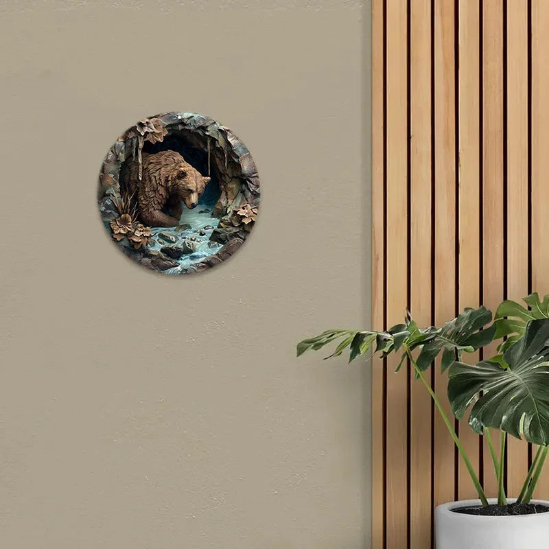 Panneau mural rond en aluminium avec scène de diversification d'ours brun rustique, degré UV et de rayures, facile à accrocher, décoration extérieure et intérieure