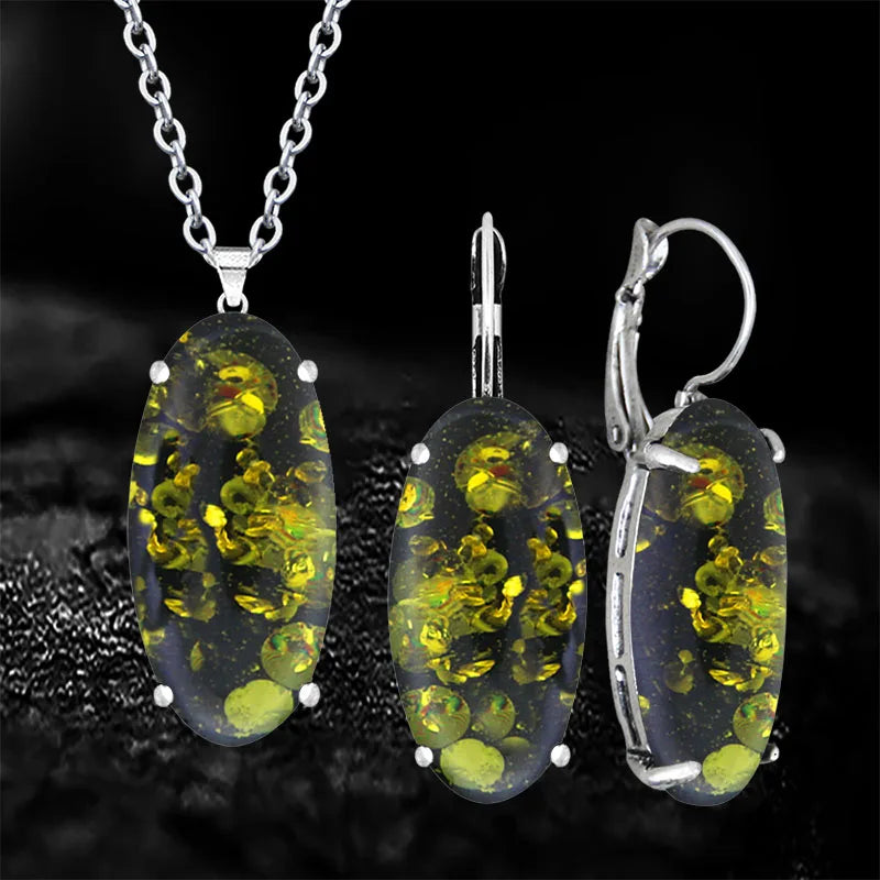 Ensemble collier et boucles d'oreilles vintage pour femme, pendentif en forme d'oeil, ambres simulés, bijoux fantaisie plaqués argent antique