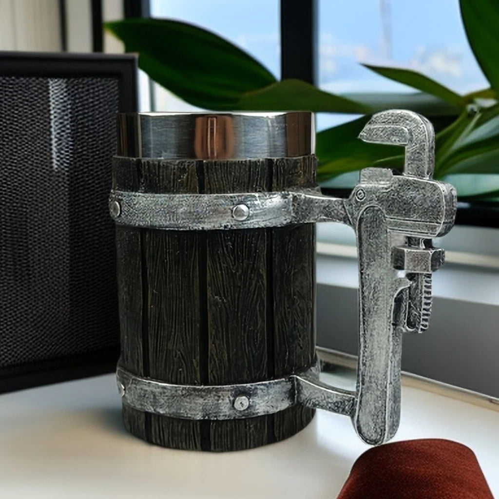 Tasse à café viking vintage avec doublure en acier inoxydable, grande capacité, baril de chêne, chope à bière, tasse à thé, pub, bar, cadeau de fête