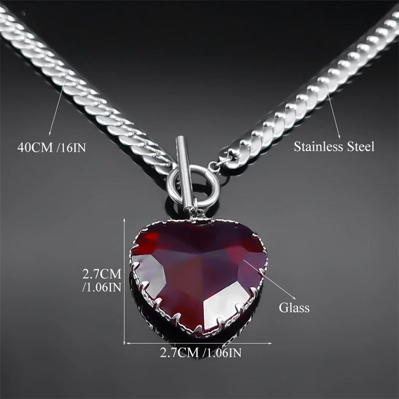 Collier ras du cou gothique punk en acier inoxydable avec pendentif cœur rouge en verre pour femmes