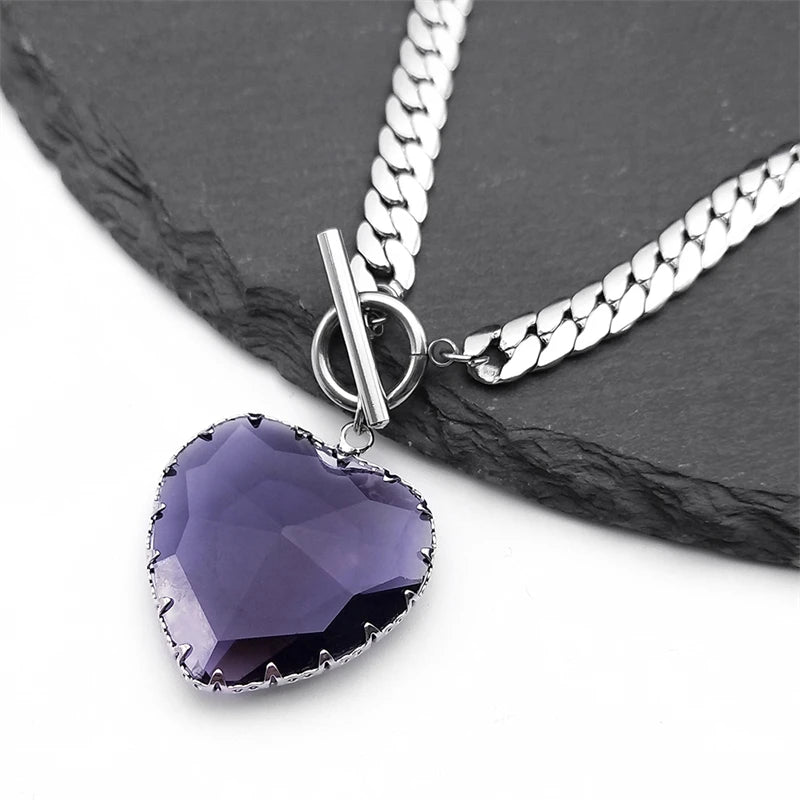 Collier ras du cou gothique punk en acier inoxydable avec pendentif cœur rouge en verre pour femmes