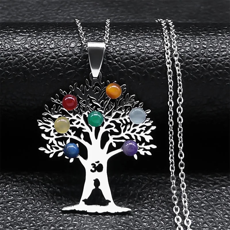 Géométrie sacrée 7 Chakra Metatron coeur collier fleur de vie en acier inoxydable opale pierre collier Reiki guérison bijoux N6341