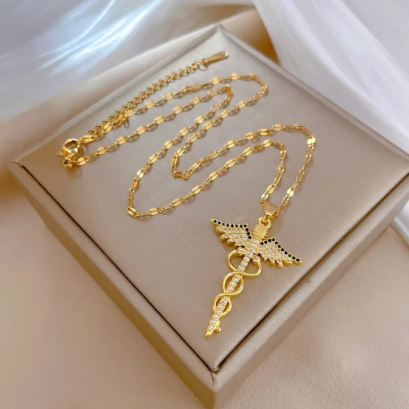 Collier ailes d'angle en acier inoxydable CZ, serpent Ouroboros, baguette magique, caducée, Asclepius, colliers, médicaux d'urgence, bijoux