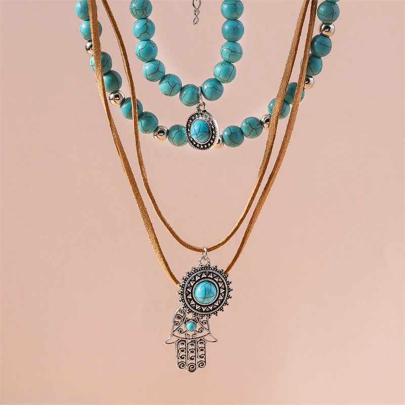 Ensemble de bijoux fait à la main pour femmes, collier de main de palmier turquoise, bracelet à la mode, cadeaux de fête et de festival pour filles