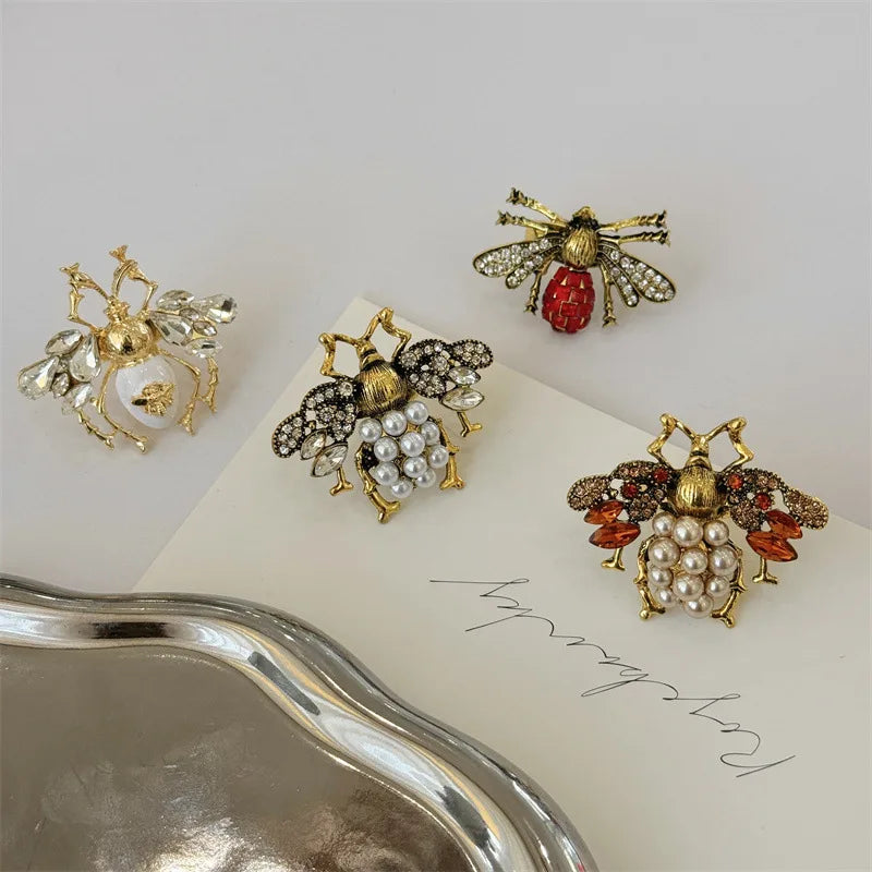Bague Vintage en perles de cristal abeille, ouverte et réglable, pour femmes et filles, bagues d'insectes uniques, bijoux de fête, accessoire populaire