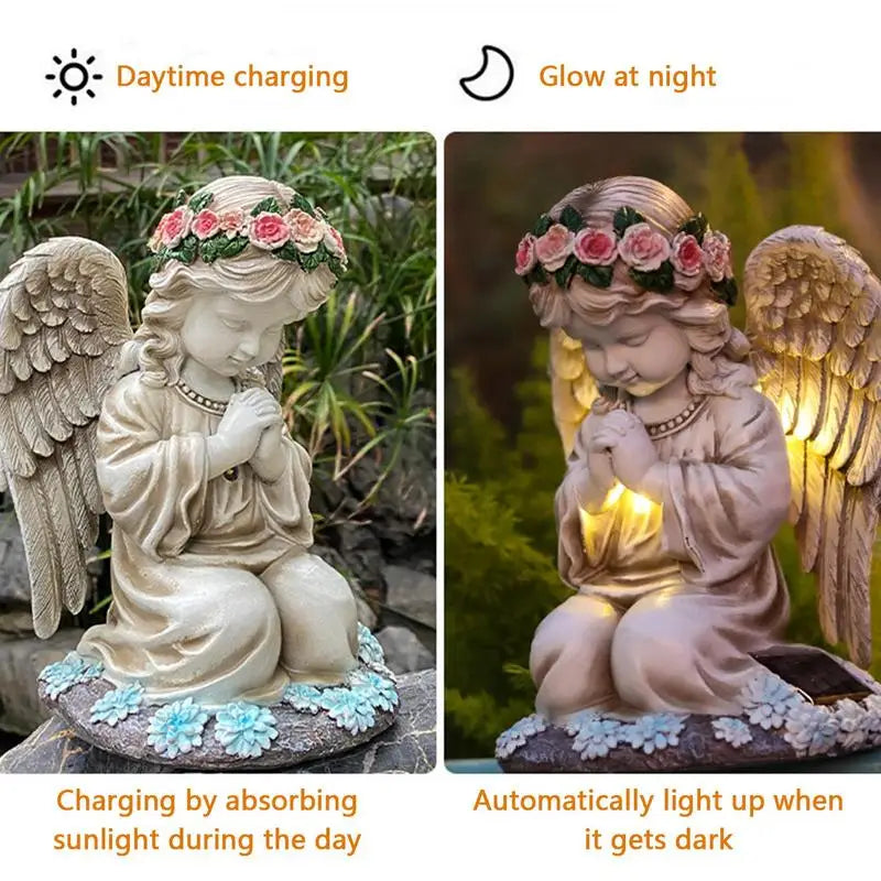 Ange de prière en résine avec lumières solaires, figurine de sculpture étanche, décor de jardin, art de la cour, décorations de cimetière