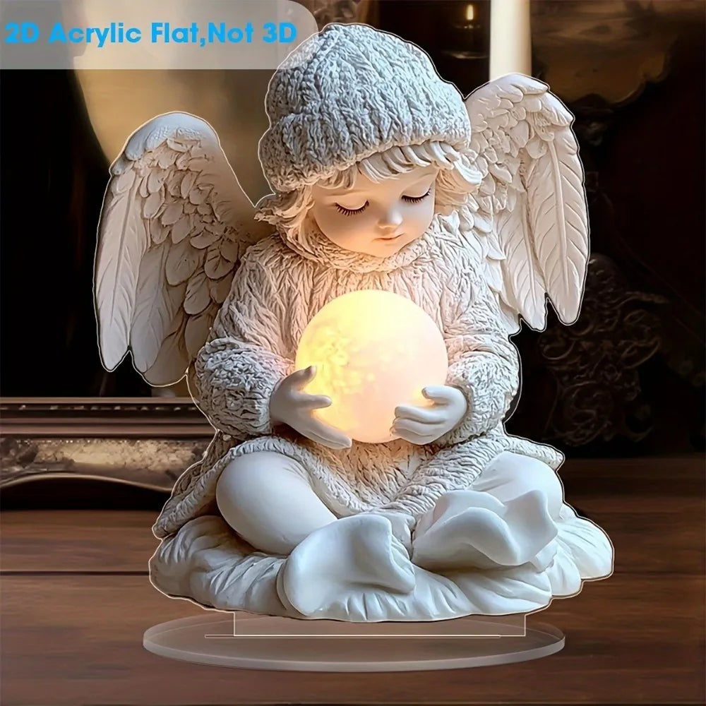  Ange plat 2D avec affichage acrylique à balle lumineuse, décoration idéale pour bureau/salon, cadeau d'anniversaire/hiver, socle inclus