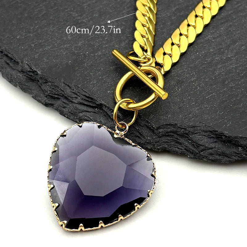 Collier ras du cou gothique punk en acier inoxydable avec pendentif cœur rouge en verre pour femmes