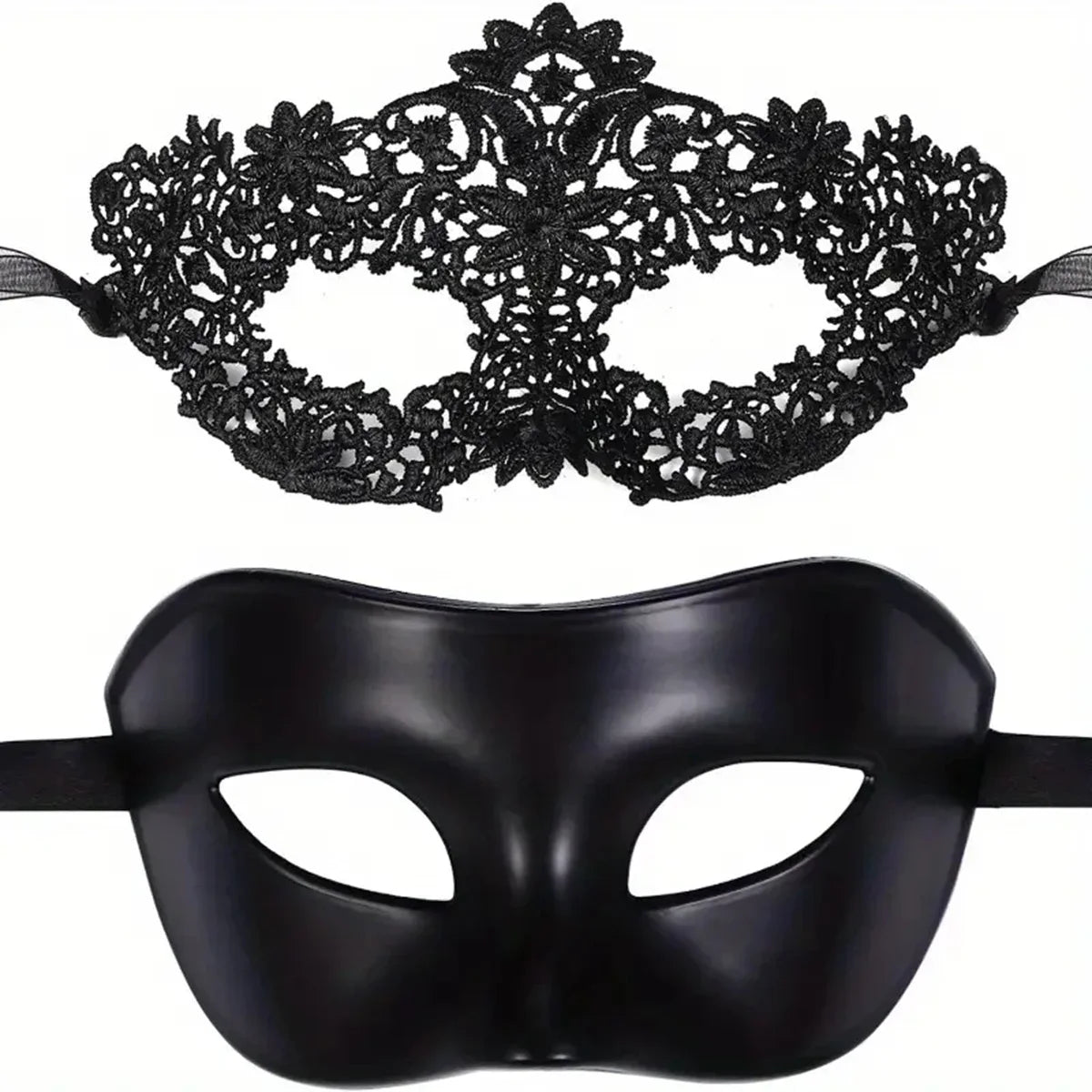 Ensemble de 2 masques de mascarade élégants en dentelle noire pour couples – Parfait pour les fêtes vénitiennes, le Mardi Gras et les célébrations d'Halloween.