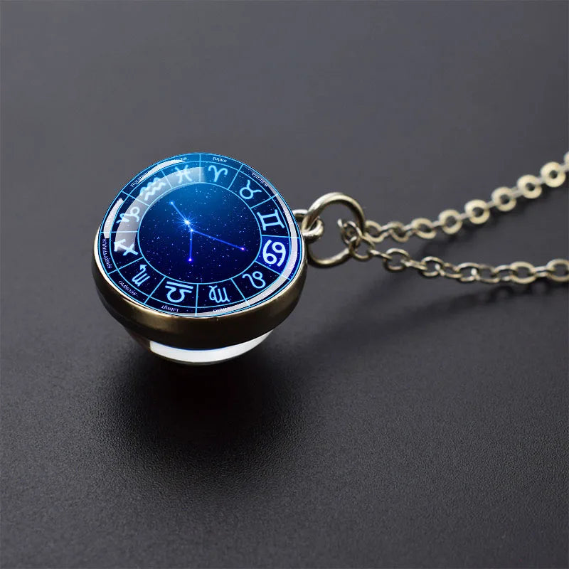 Pendentif boule de verre double face pour femme, signes du zodiaque, équiprésidence, 12 constellations, planète, bélier, lion, vierge, bijoux, cadeau