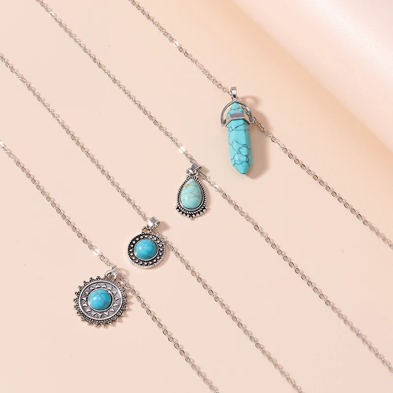 Collier pendentif soleil en pierre turquoise de Bohême pour femmes et filles, cadeaux de bijoux de festival de fête, ensemble de 4 pièces