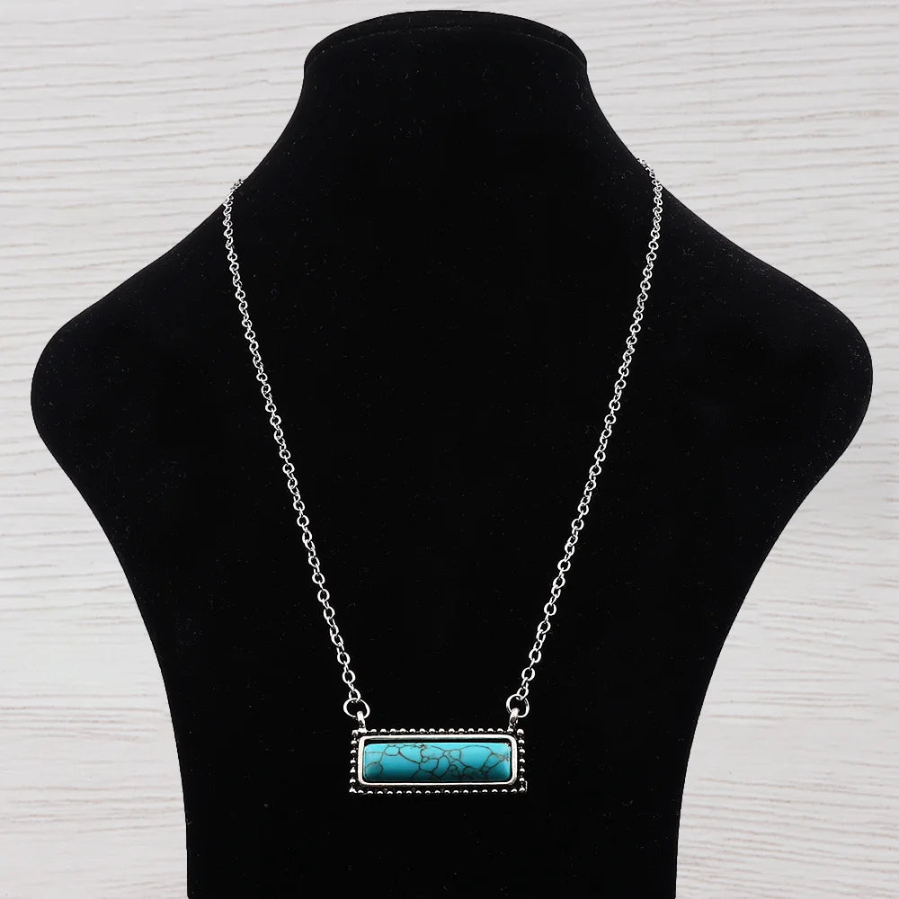 JOLagenlook-Collier avec pendentif à barre rectangulaire turquoise, bohème occidental, cowgirl, longueur réglable, bijoux longs, tour de cou à maillons, 20"