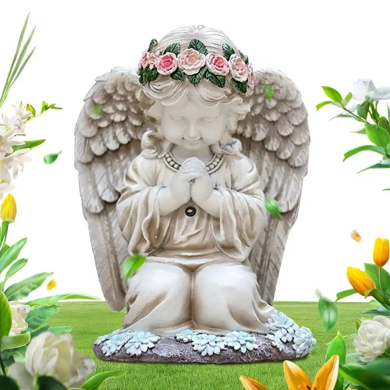 Ange de prière en résine avec lumières solaires, figurine de sculpture étanche, décor de jardin, art de la cour, décorations de cimetière