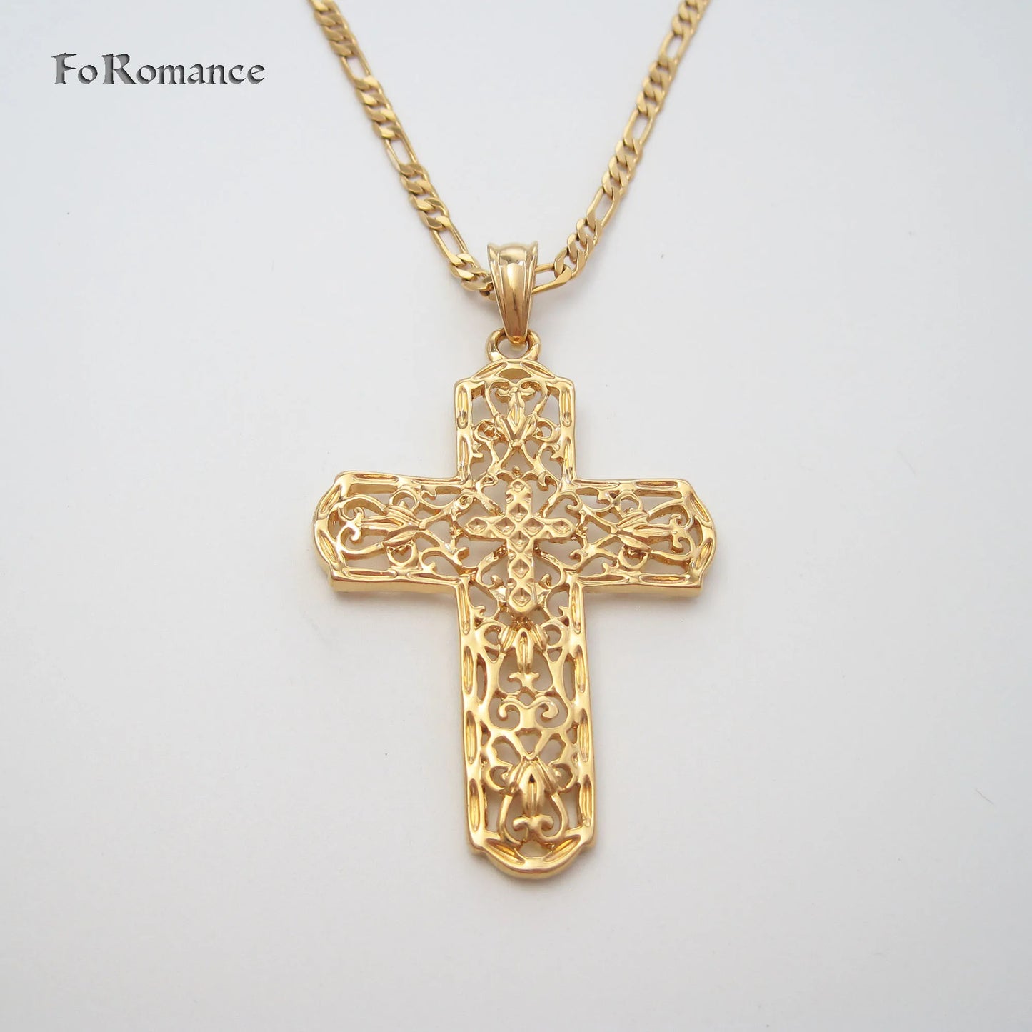 Collier en laiton plaqué jaune 24" – pendentifs, Jésus, Croix creux à surface lisse, cadeau d’exception