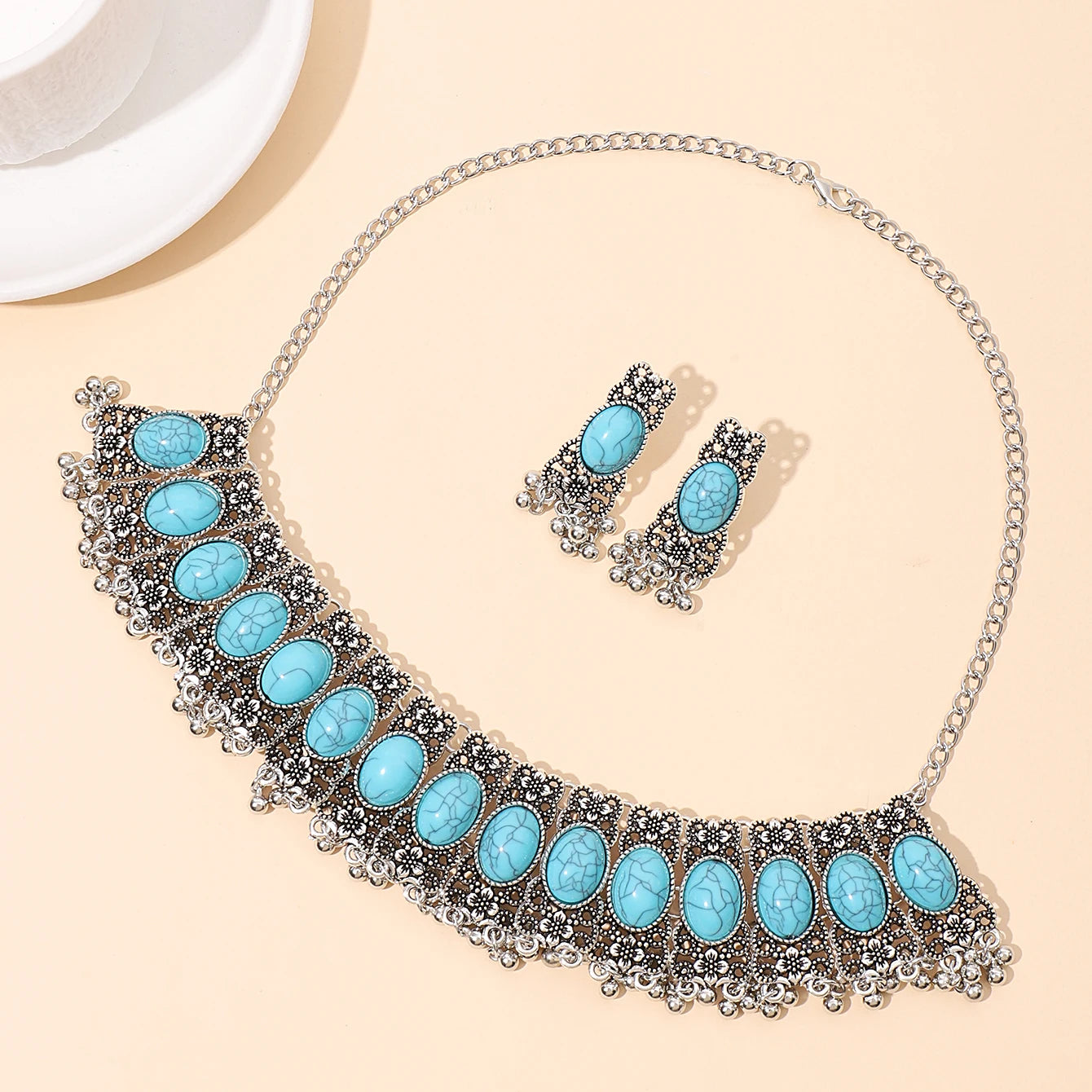 Ensemble de Bijoux Bohème Vintage pour Femme, Collier Ovale Turquoise, Boucles d'Oreilles, Plaqué Argent, Pompon Géométrique, Pierre Bleue