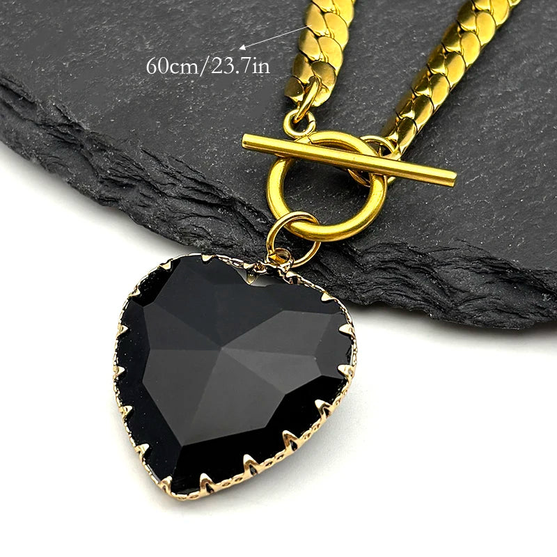 Collier ras du cou gothique punk en acier inoxydable avec pendentif cœur rouge en verre pour femmes