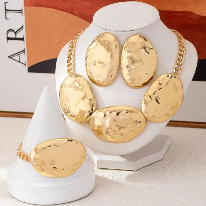 Ensemble de boucles d'oreilles ovales à motif de battement géométrique exagéré, collier et Bracelet pour femmes et filles, bijoux de fête à la mode DS046