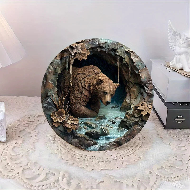 Panneau mural rond en aluminium avec scène de diversification d'ours brun rustique, degré UV et de rayures, facile à accrocher, décoration extérieure et intérieure