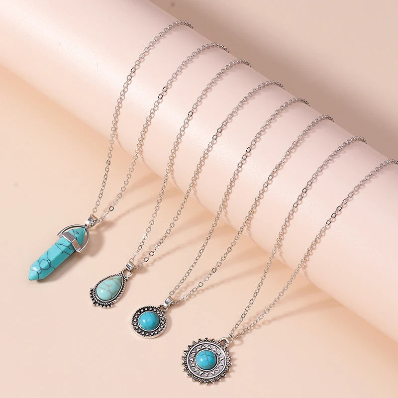 Collier pendentif soleil en pierre turquoise de Bohême pour femmes et filles, cadeaux de bijoux de festival de fête, ensemble de 4 pièces