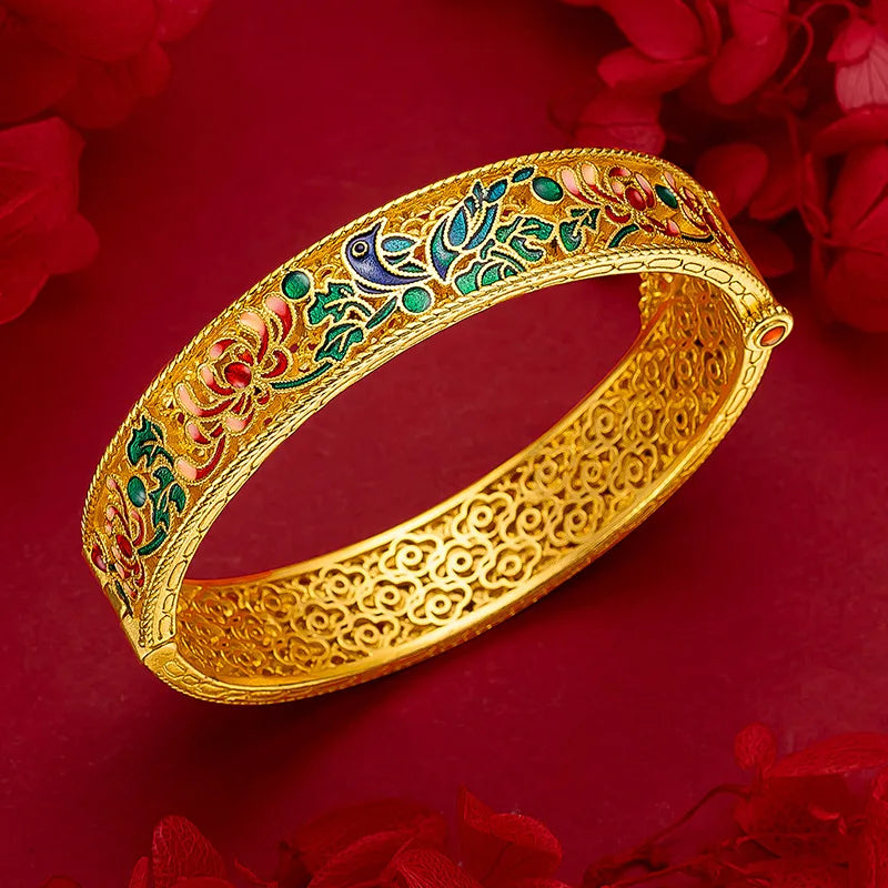 Bracelet en or 24K AU999 avec émail bleu et filigrane, méthode ancienne creux, style palais luxueux pour femmes