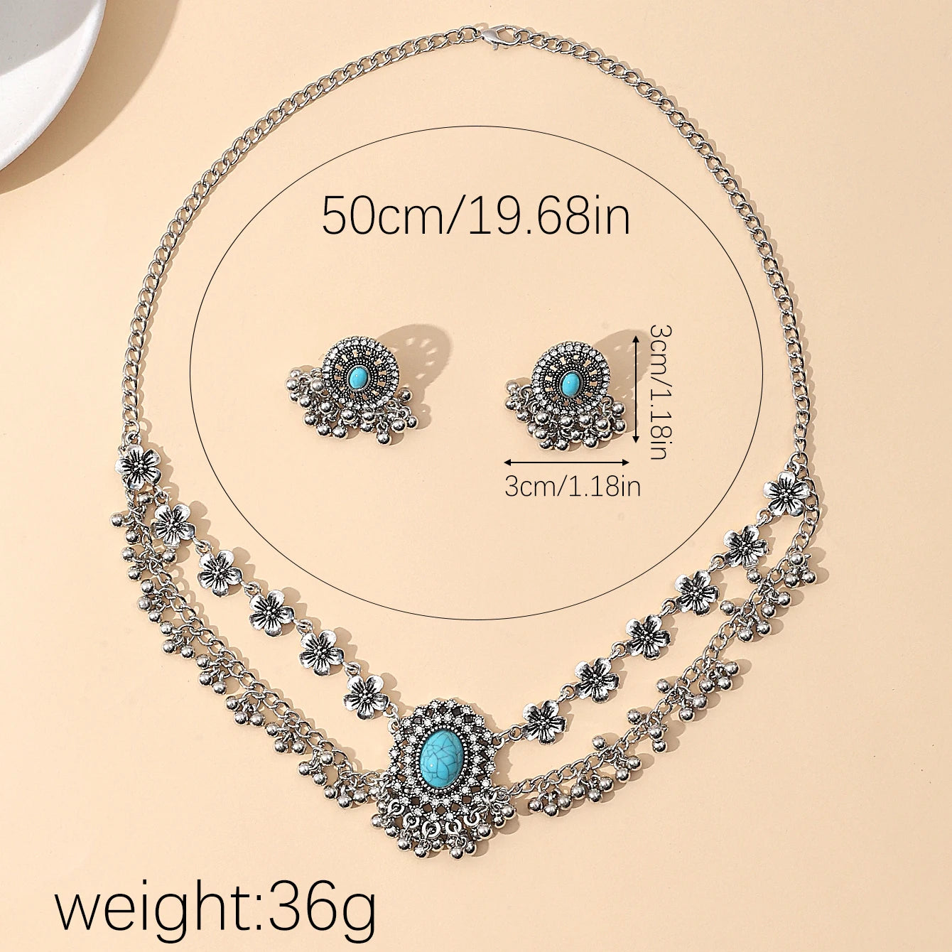 Ensemble de Bijoux Bohème Vintage pour Femme, Collier Ovale Turquoise, Boucles d'Oreilles, Plaqué Argent, Pompon Géométrique, Pierre Bleue