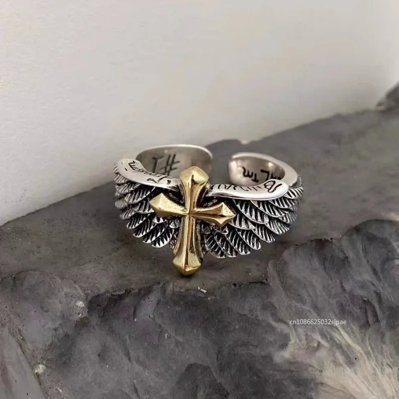 Bague croix d'ange pour hommes, bague d'ouverture à la mode et personnalisée, ailes et ailes de croix dorées pour hommes, bijoux gothiques punk