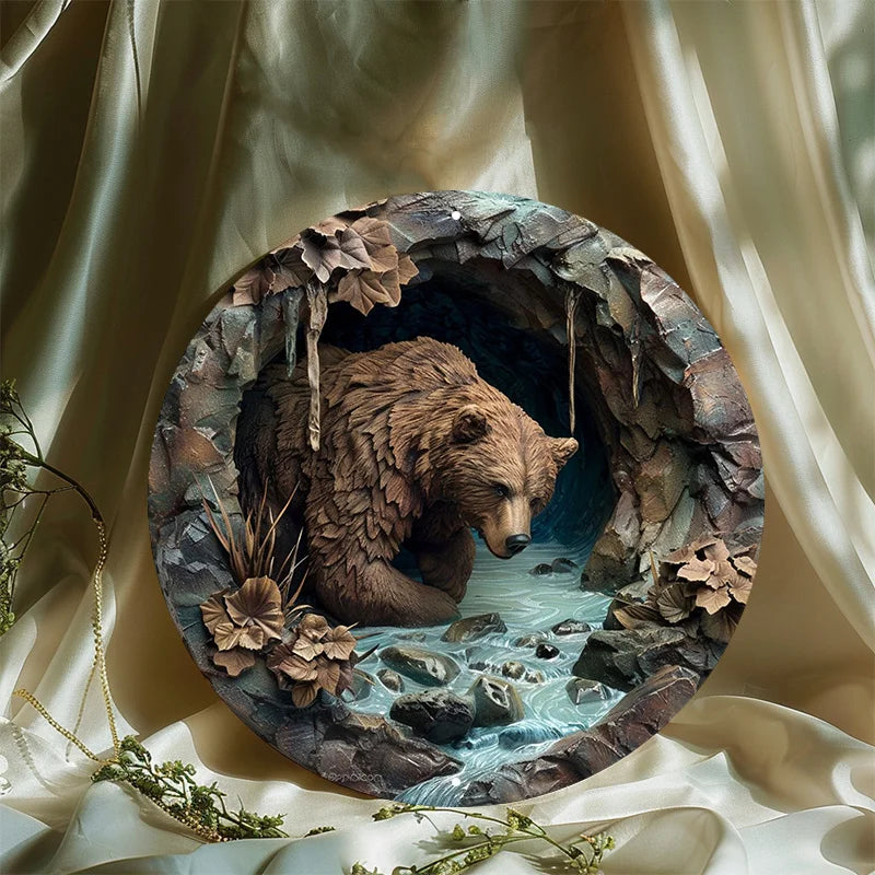Panneau mural rond en aluminium avec scène de diversification d'ours brun rustique, degré UV et de rayures, facile à accrocher, décoration extérieure et intérieure