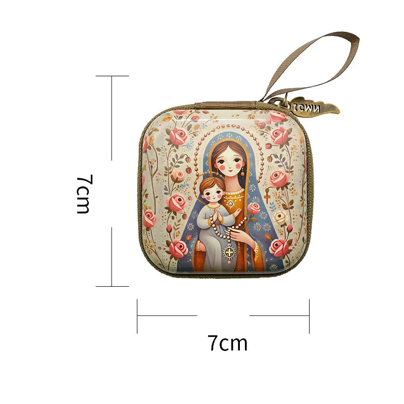 7x7 cm vierge marie jésus prière chapelet sac bijoux religieux boîte de rangement Articulos religiosos catholico