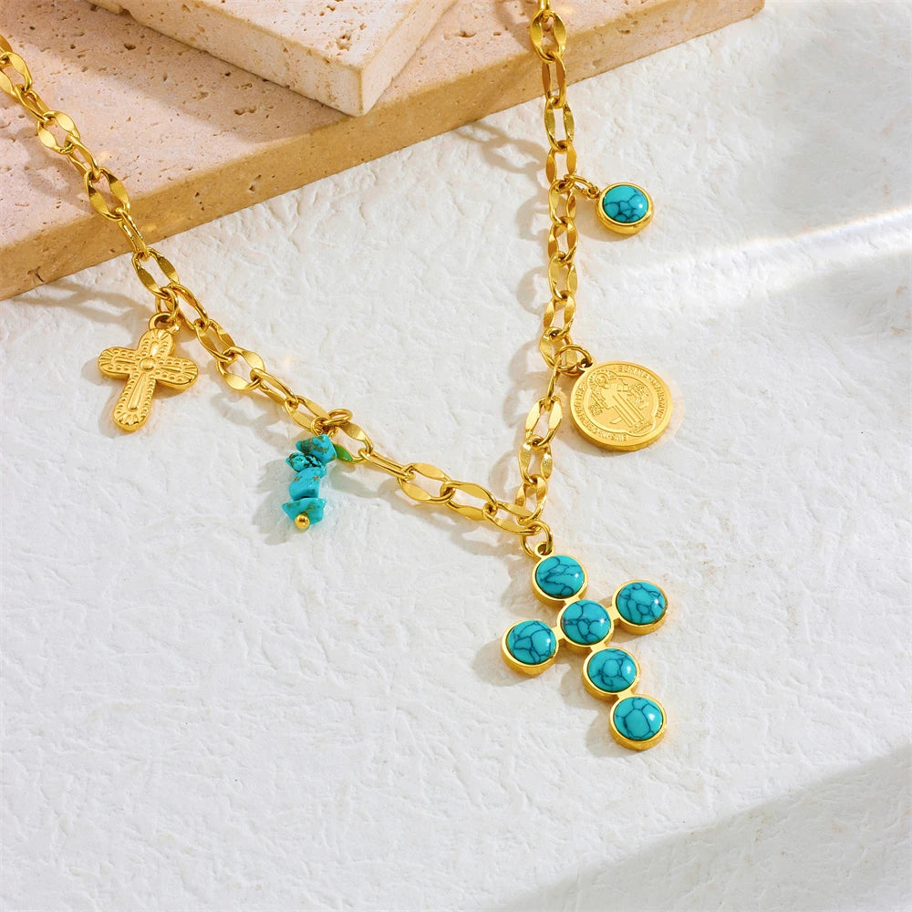 DIEYURO 316L acier inoxydable rond Turquoise incrusté croix pendentif collier pour femmes fille nouvelle mode cou chaîne bijoux cadeau