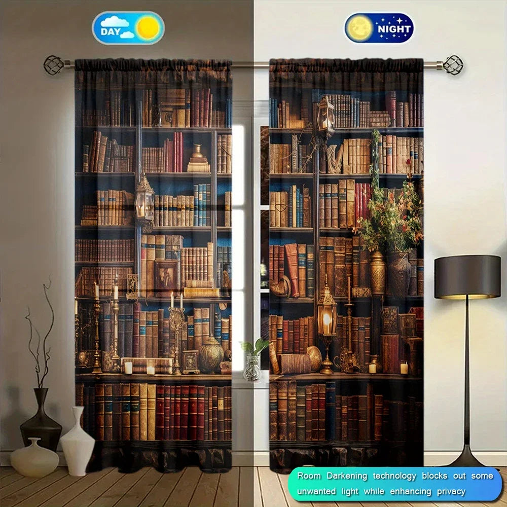 Rideau imprimé bibliothèque du moyen âge, 2 pièces, pour la décoration de la maison, traitement de fenêtre à poche pour chambre à coucher, bureau, cuisine, salon