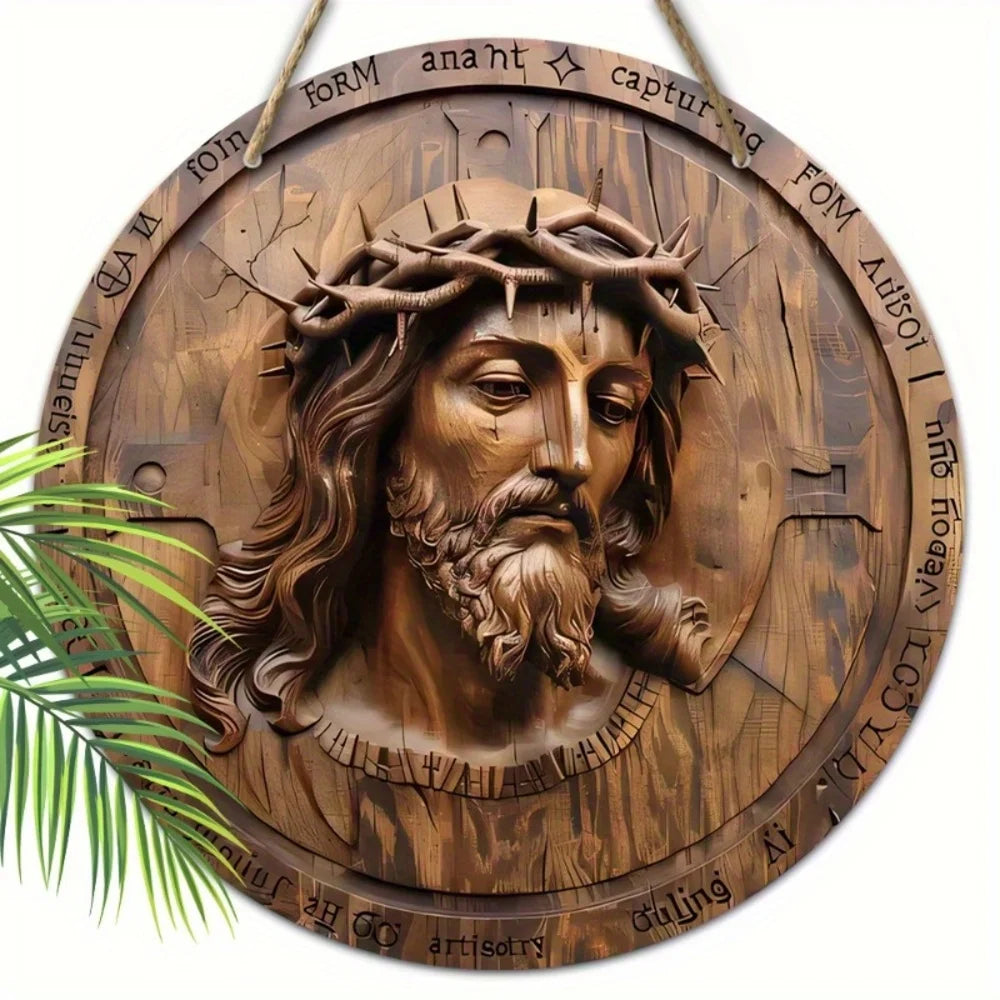 Panneau de jésus religieux rétro, plat 2D peut être directement accroché avec une corde, panneau mural de noël rond rustique en bois, adapté à la maison