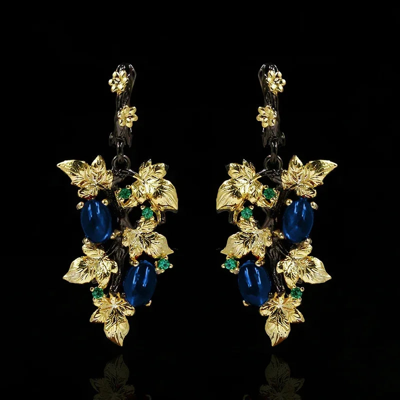 Nouveau élégant noir or rubis pendentif fleur feuille 925 boucles d'oreilles en argent cristal pierres précieuses dames bijoux boucles d'oreilles argent 925 bijoux
