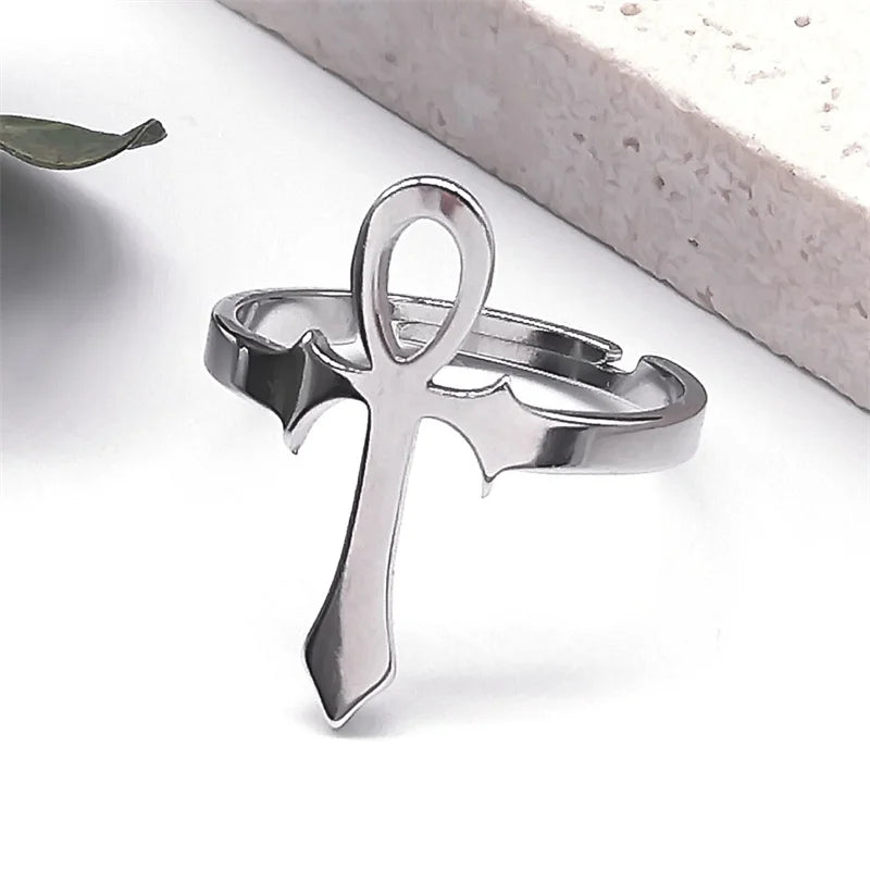 Bague en croix égyptien pour hommes et femmes, anneau en acier inoxydable, symbole de vie Anubis, ajustable, tendance égyptienne, bijoux de fête, cadeau